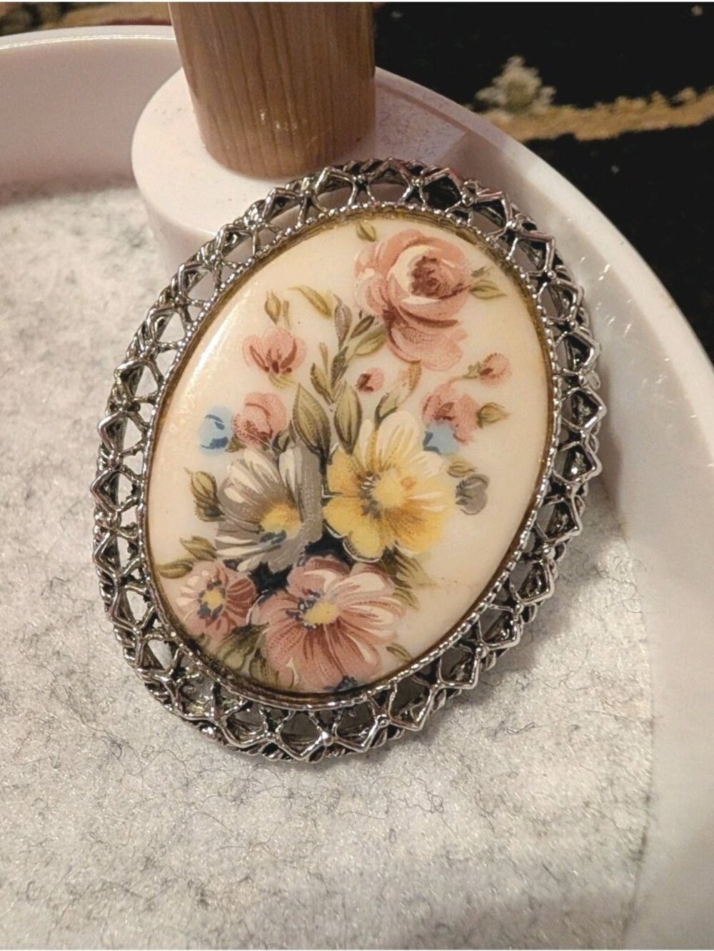 Floral Pendant Brooch Ceramic Oval set in Silvertone lattice Hand Painted